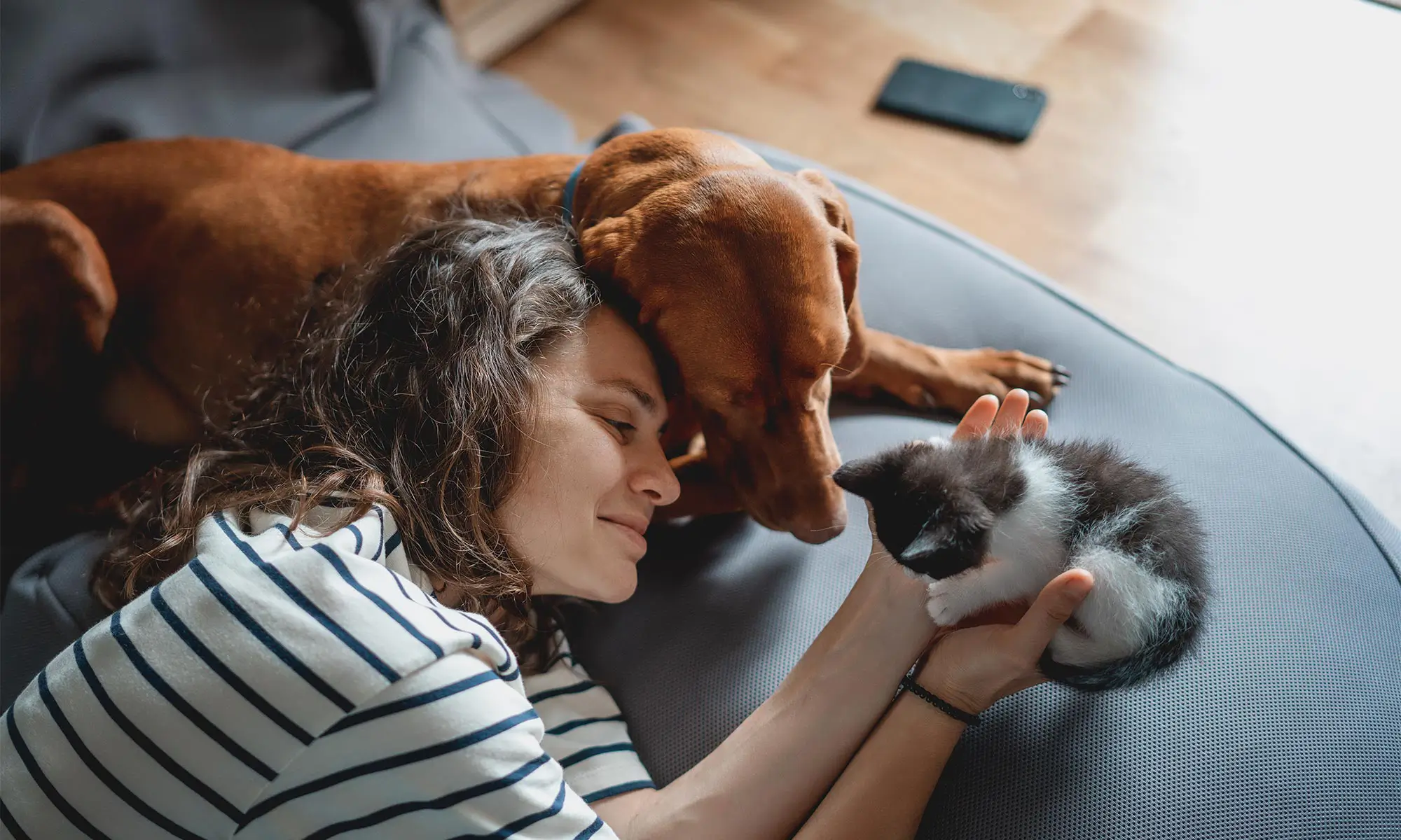 A woman with her cat and dog
